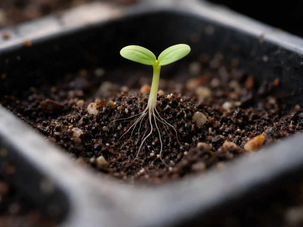 Close-up of a young seedling with visible roots in soil and cotyledons above the surface