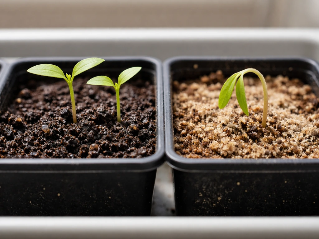 Close-up of seedlings in small containers showing right moisture versus dry and overly wet soil.