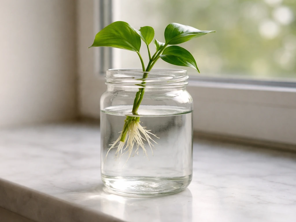 Clear jar with a stem cutting in water, showing newly developing roots by a window.
