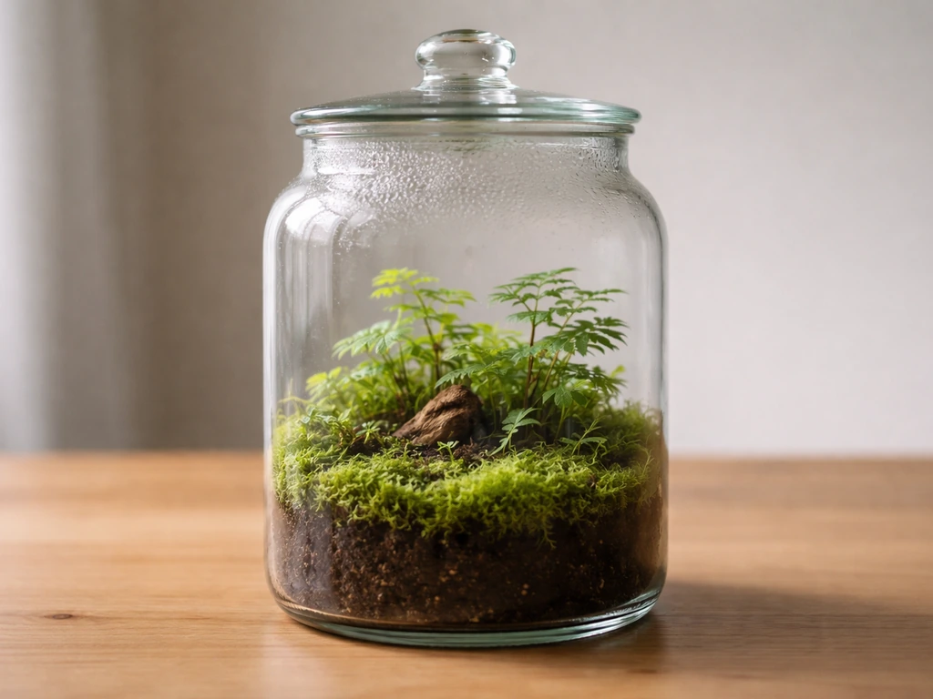 Closed terrarium jar with condensation on lid and lush ferns and moss thriving inside.