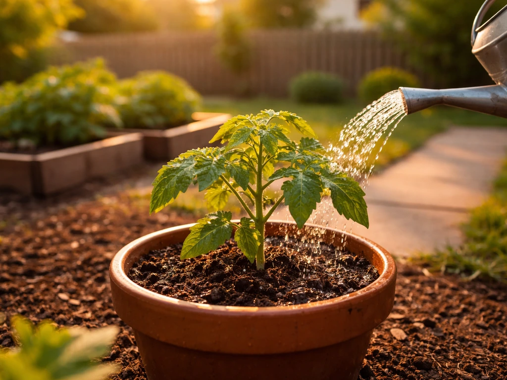 Close view of a potted plant being watered in a tidy garden patch under warm sunlight.