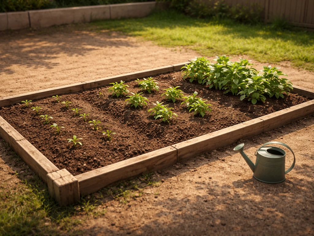 Minimal Sims-style garden patch showing seedlings to healthier plants under morning sunlight, with a watering can.