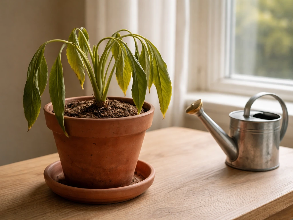 Close-up of a wilting houseplant in a plain pot with a small watering can nearby on a wooden table.