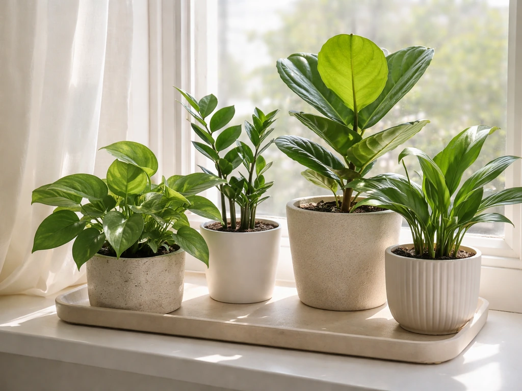 Healthy indoor houseplants thriving beside a sunny window with vibrant new leaf growth.
