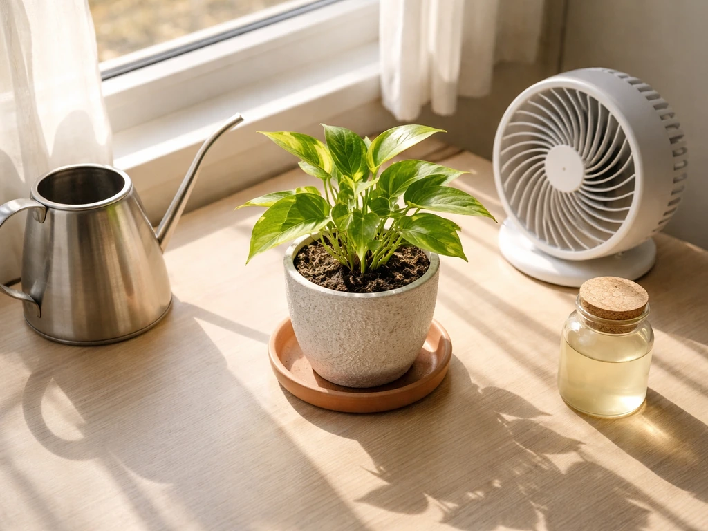 Overhead view of home plant care: window light, watering can and drained pot, fan airflow, and nutrient jar.