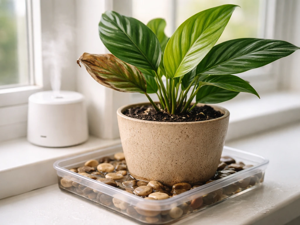 Tropical houseplants on a pebble humidity tray near a small humidifier, with some brown leaf edges.