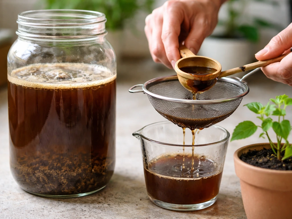 Hands straining dark compost tea from a jar while a small plant is watered nearby.