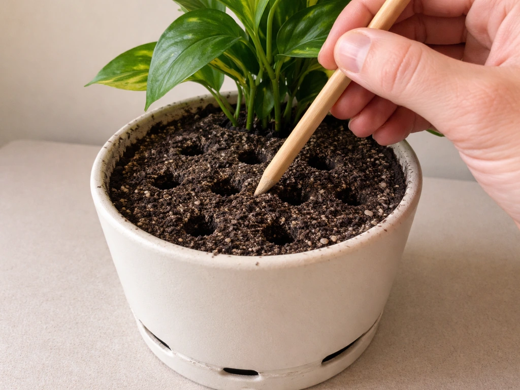 Person poking aeration holes into dense potting mix in a plant pot with visible drainage holes