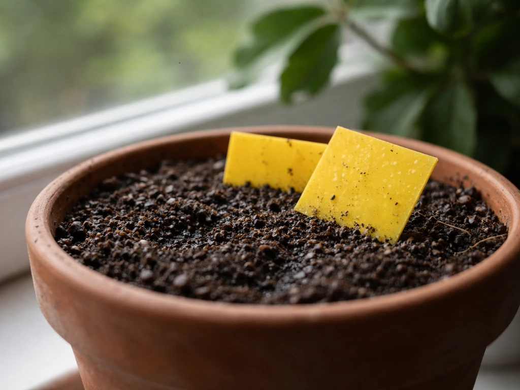 Indoor plant soil with a yellow sticky trap above moist potting mix indicating fungus gnat habitat.