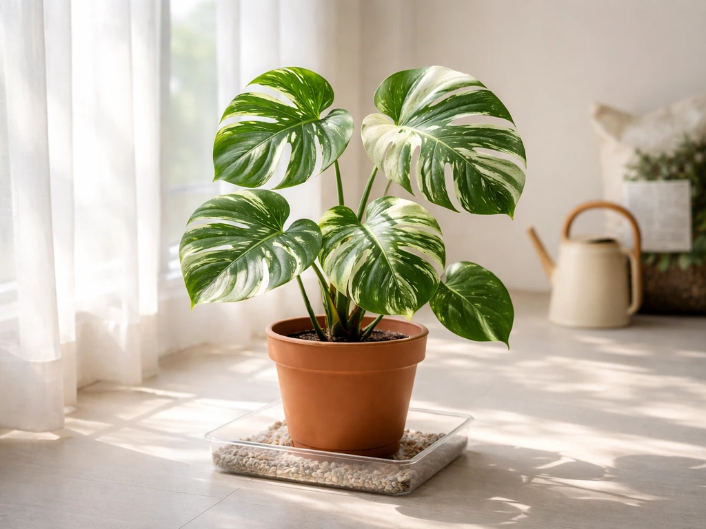 A healthy variegated exotic houseplant thriving near a sunlit window with a visible humidity tray nearby.