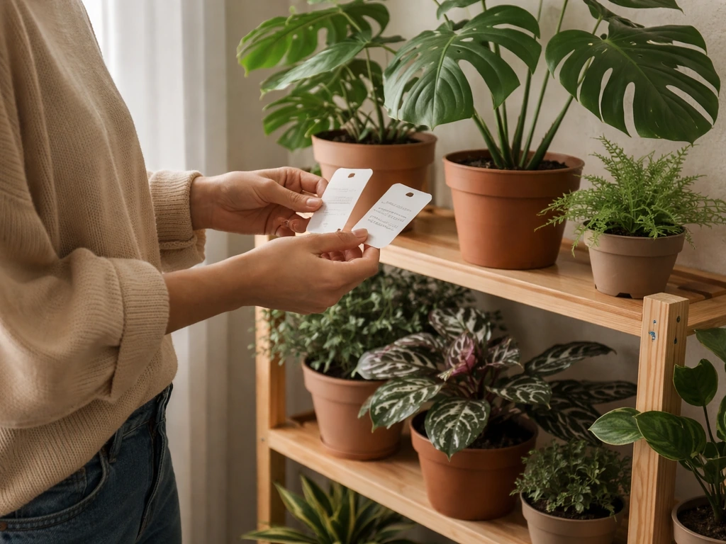 Person in home near a plant shelf compares exotic houseplants by light needs
