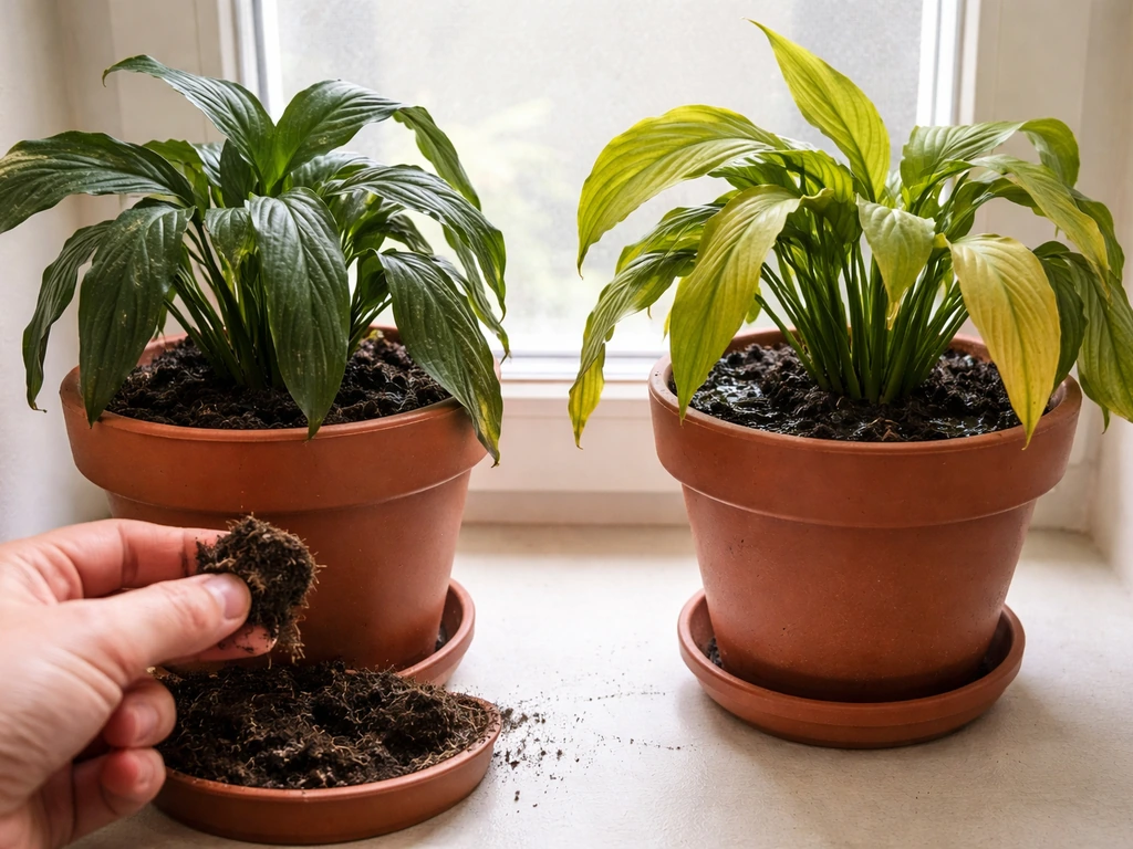 Two similar exotic houseplants in pots: one drooping from under-watering, one yellowing from over-watering beside moist
