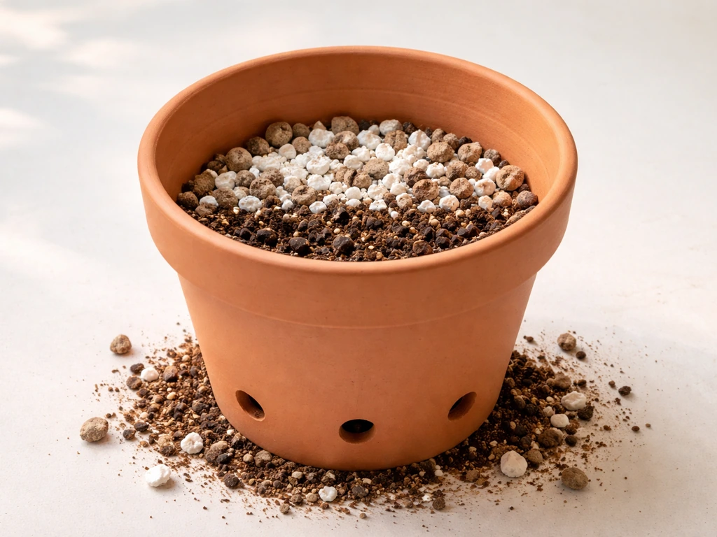 Clay pot with drainage holes on a clean surface, layered well-draining soil mix and perlite/LECA.