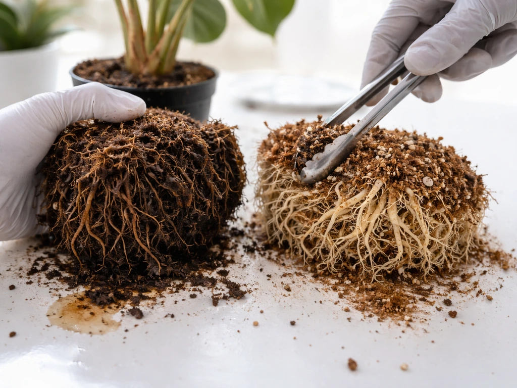 Gloved hands use tongs to separate a plant root ball showing healthy roots vs brown mushy rot.