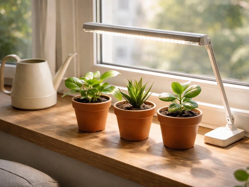 Beginner plant setup on a bright windowsill with a watering can and a small grow light.