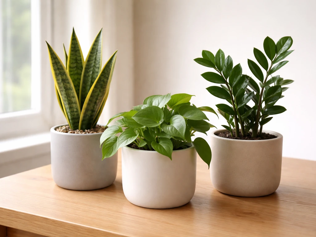 Close-up of three easy-care indoor plants in small pots: snake plant, pothos, and ZZ plant.