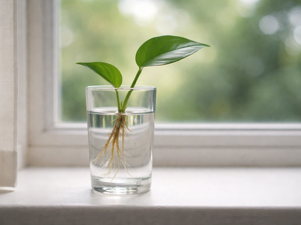 Pothos cutting in a clear glass of water with visible roots on a bright windowsill.