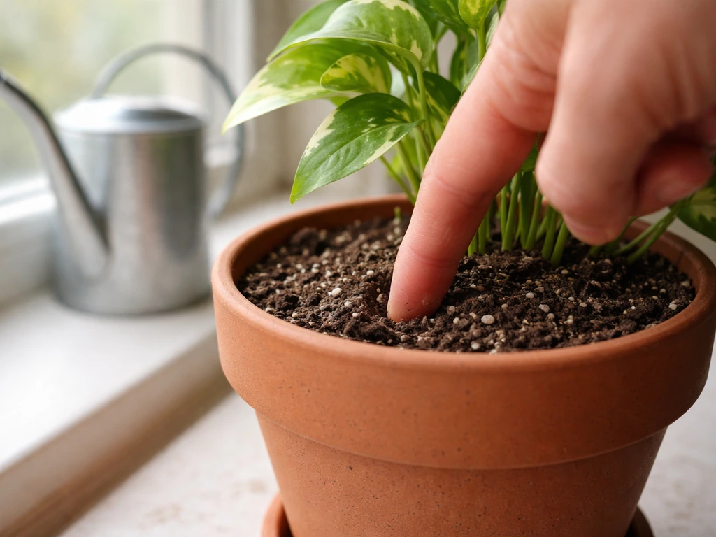 Close-up of a hand checking potting soil moisture 2–3 inches deep before watering a houseplant.