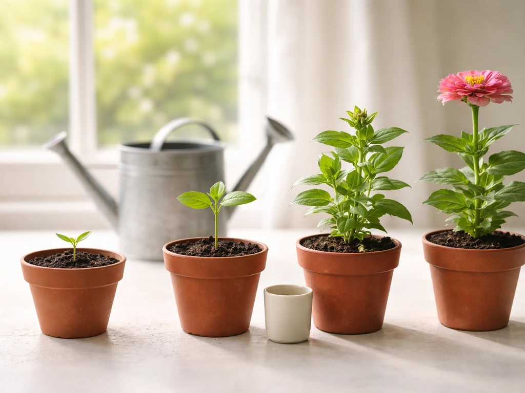 Three-stage plant growth scene showing seedling to flowering in simple pots with bright natural light.