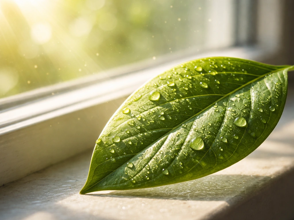 Close-up of a green plant leaf catching sunlight, with subtle water droplets and soft background blur.