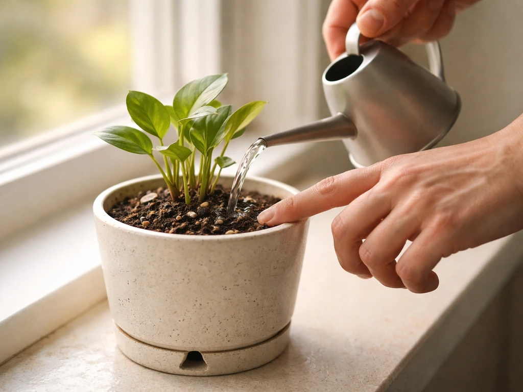 Hands watering a small potted plant while checking soil moisture to avoid soggy, oxygen-starved roots.