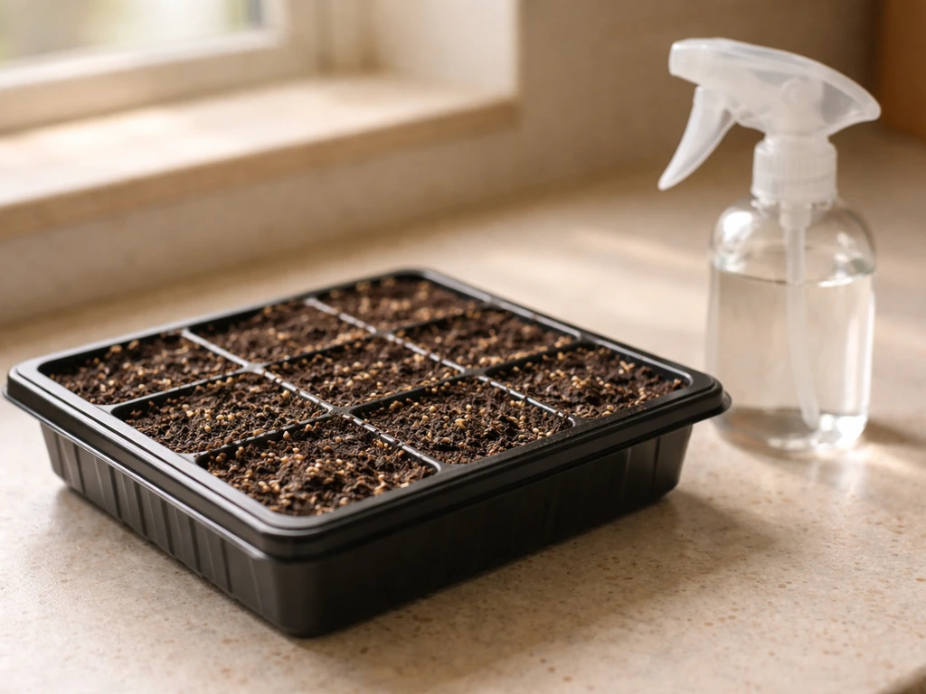 Close-up of a seed-starting tray filled with moist soil and a few sown seeds on a kitchen counter.