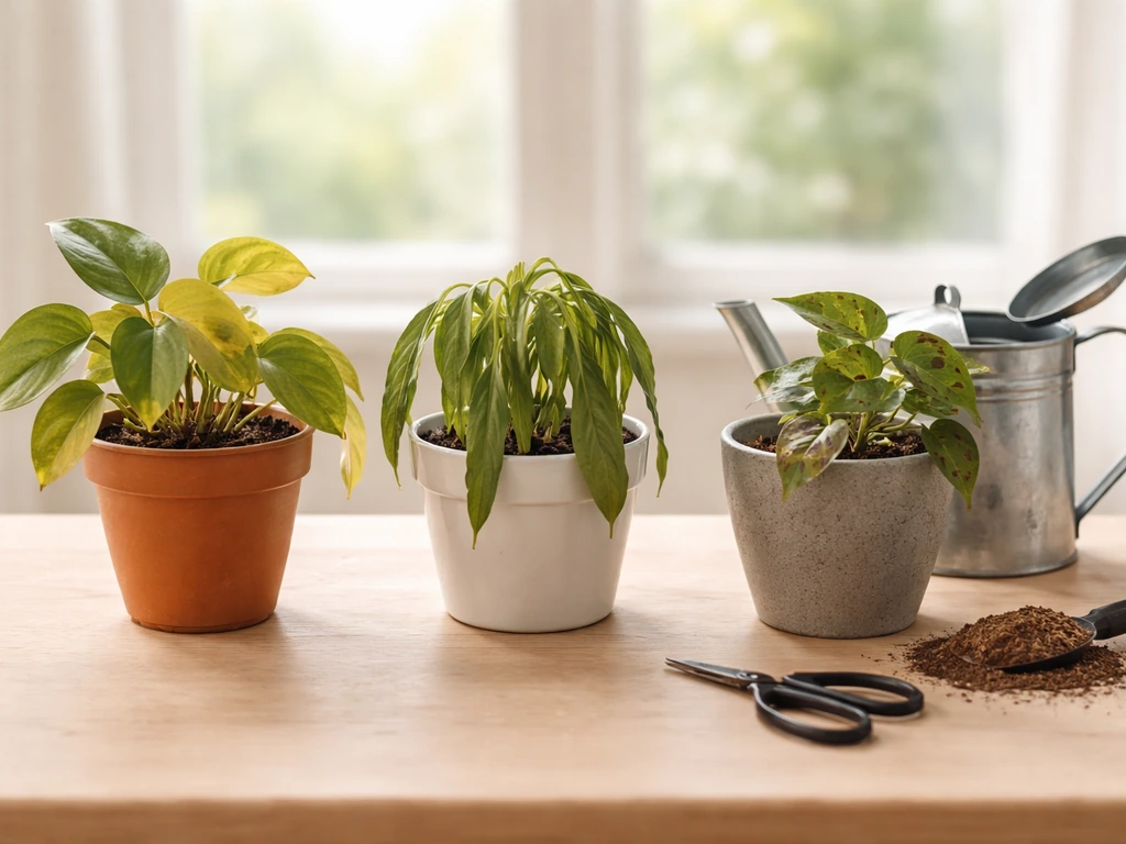 Three small potted plants showing yellowing, wilting, and leaf spots with simple care items nearby.