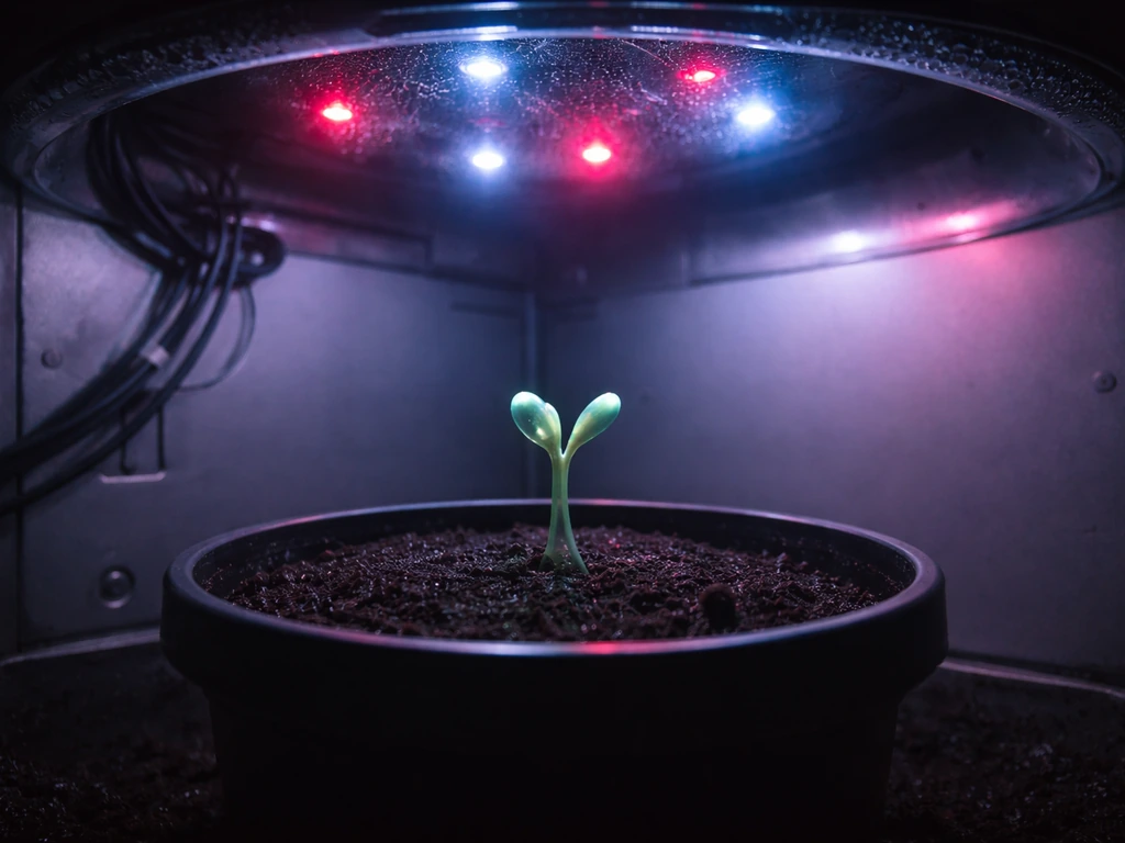 Small sprout growing under red/blue LEDs inside a sealed, off-world style grow chamber.