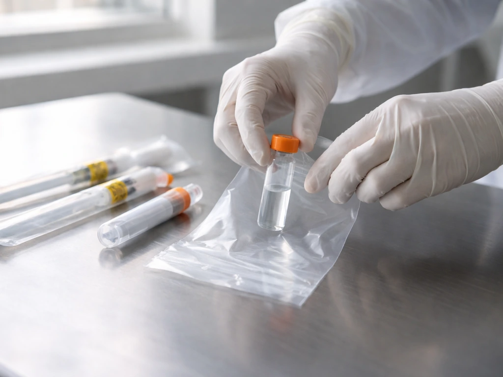 Gloved hands handling a sealed sample vial with sterile tools in a clean workspace.