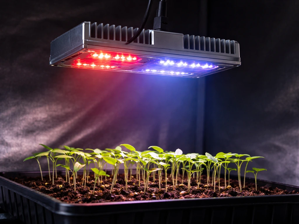 Close-up of a grow light showing red and blue LED channels shining over seedlings.
