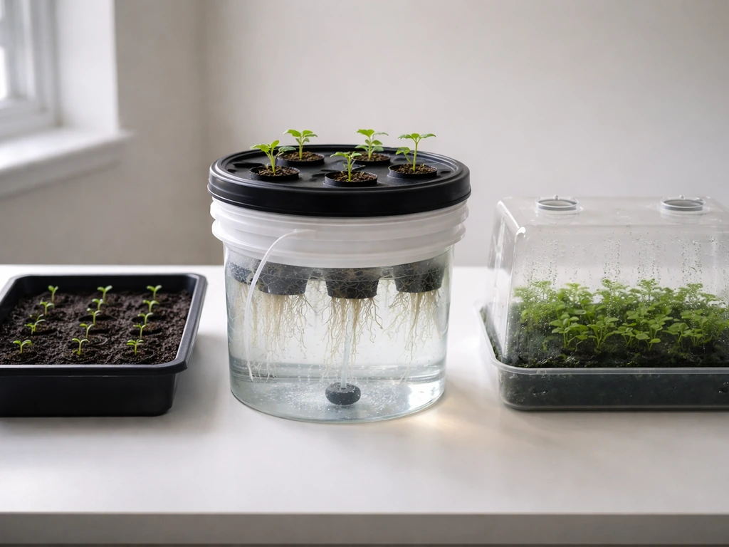 Three off-world plant growth system setups side by side: soil tray, hydroponic bucket, and sealed terrarium.
