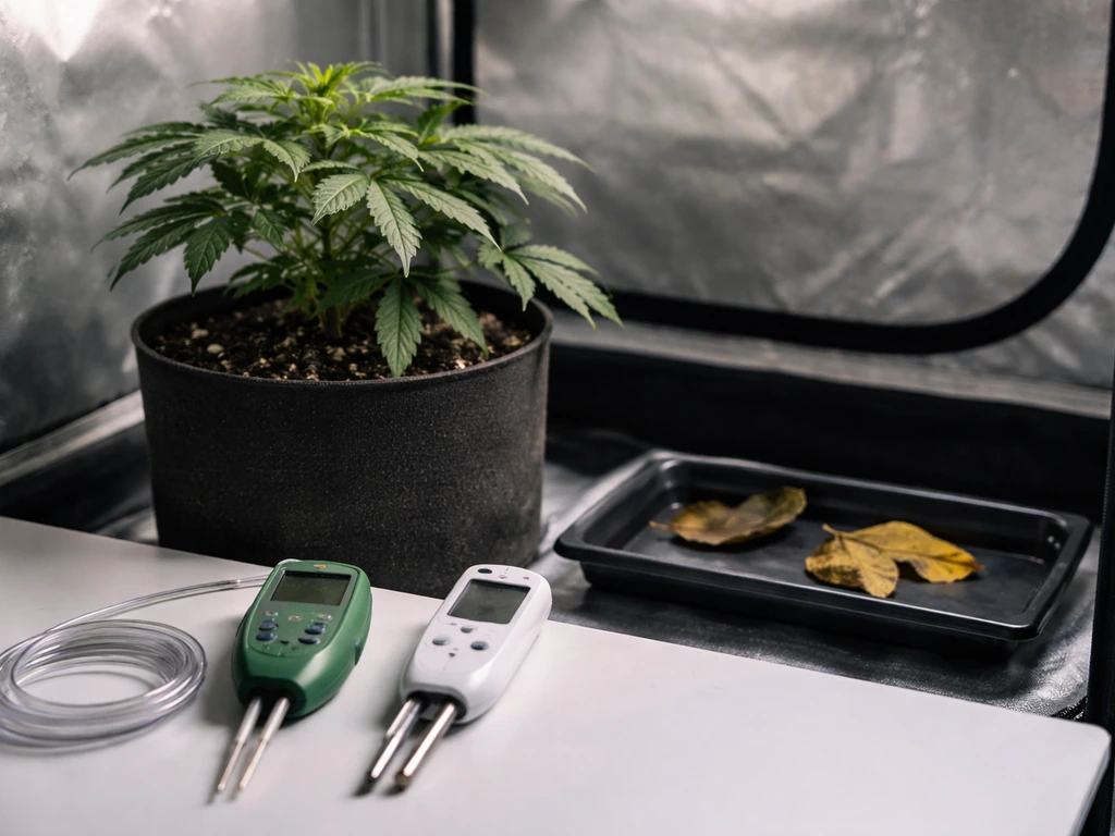 Indoor grow tent scene with a potted plant, wilted/yellow leaves, and generic monitoring meters on a work surface.