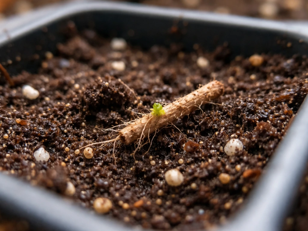 Root fragment planted in moist soil with a tiny emerging shoot bud in soft natural light.