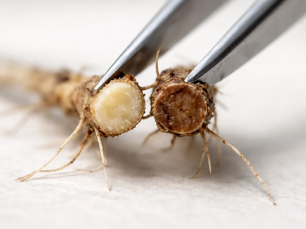 Macro close-up of plant root cross-sections: cream healthy tissue next to brown mushy dead tissue.