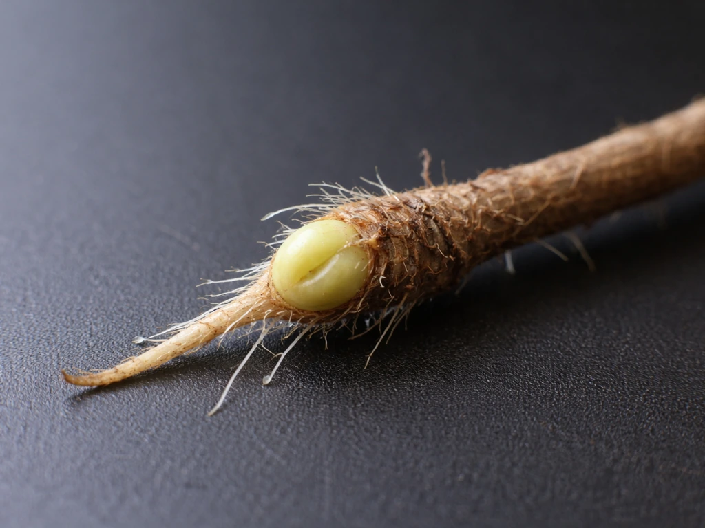 Macro close-up of a root fragment with a bud-adjacent growth point tissue where new shoots would form.