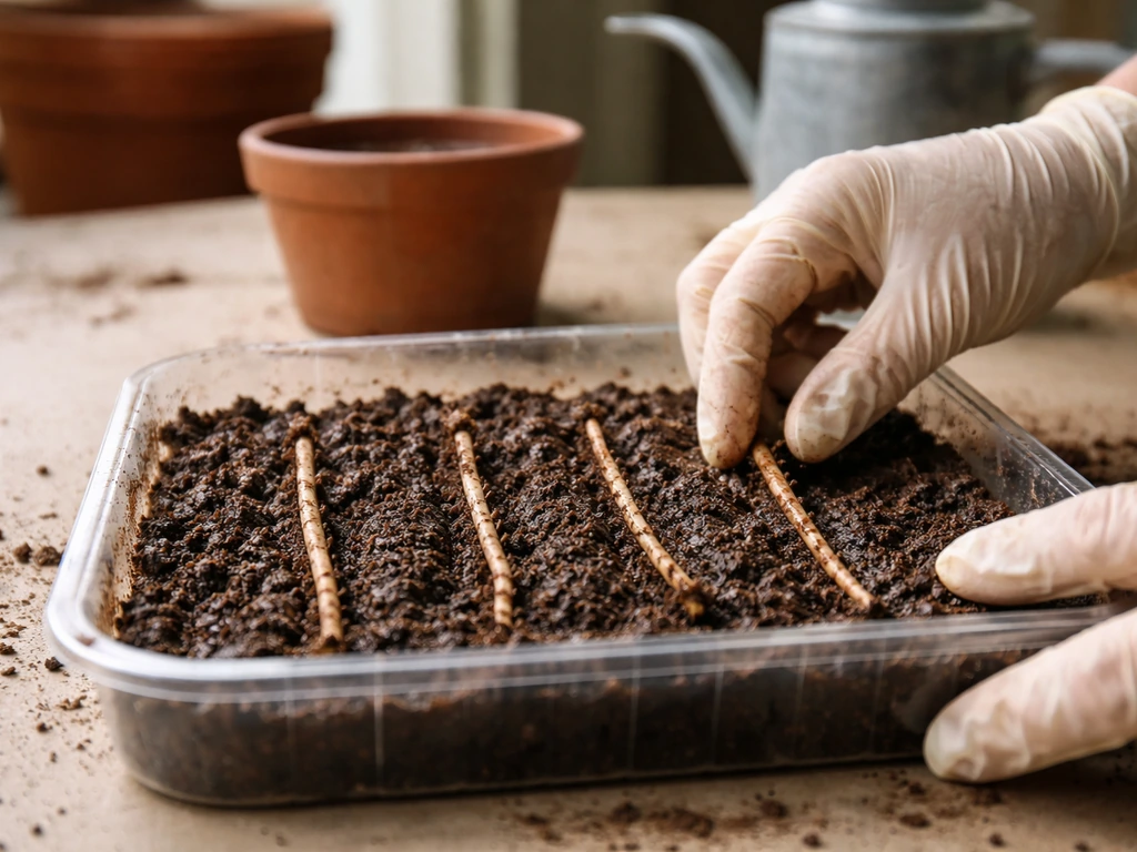 Gloved hands placing root fragments into moistened rooting medium in a clear tray for sprouting.