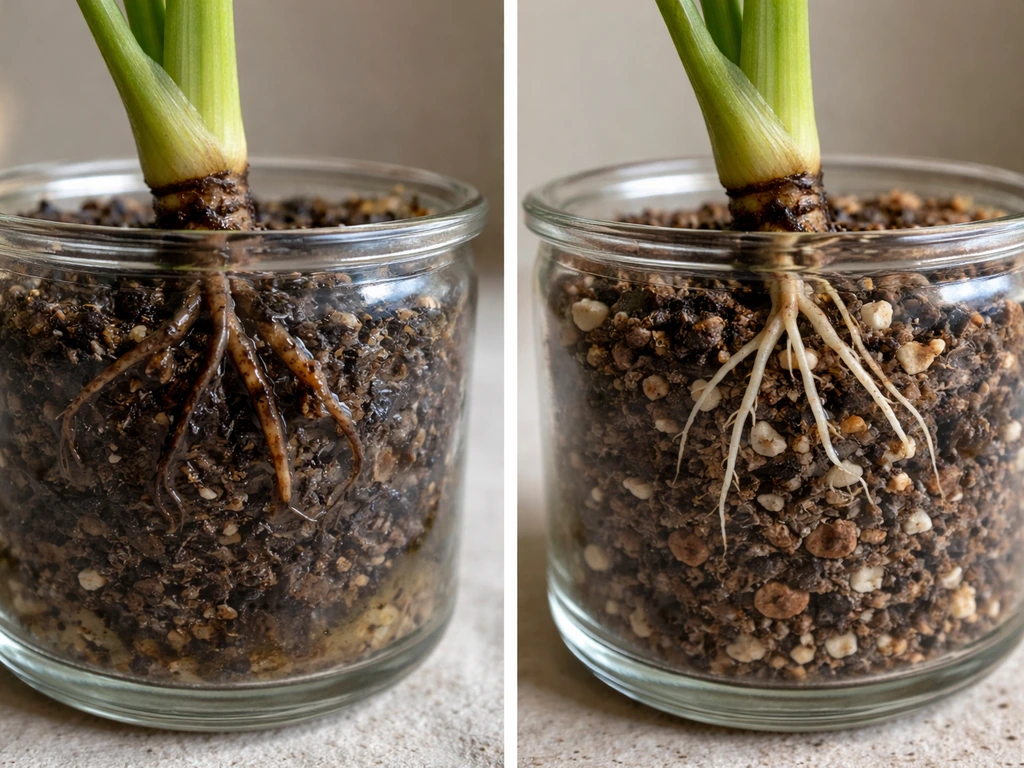 Close-up of two cuttings: slimy rotting roots in waterlogged mix next to firm healthy roots.