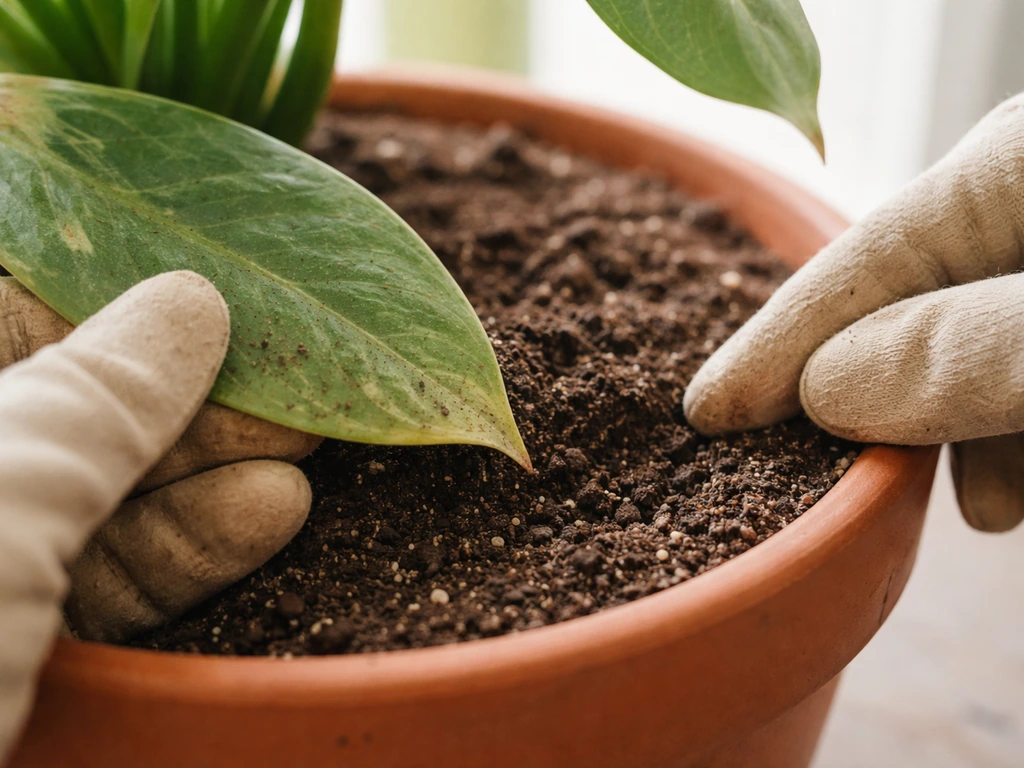 Close-up of a houseplant leaf and surrounding soil being inspected for an indoor pest
