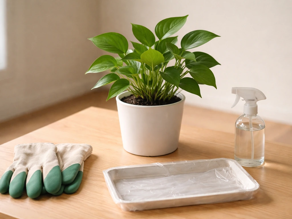 Isolated potted plant on a clean surface with staged gloves and a small tray for quick pest prevention.