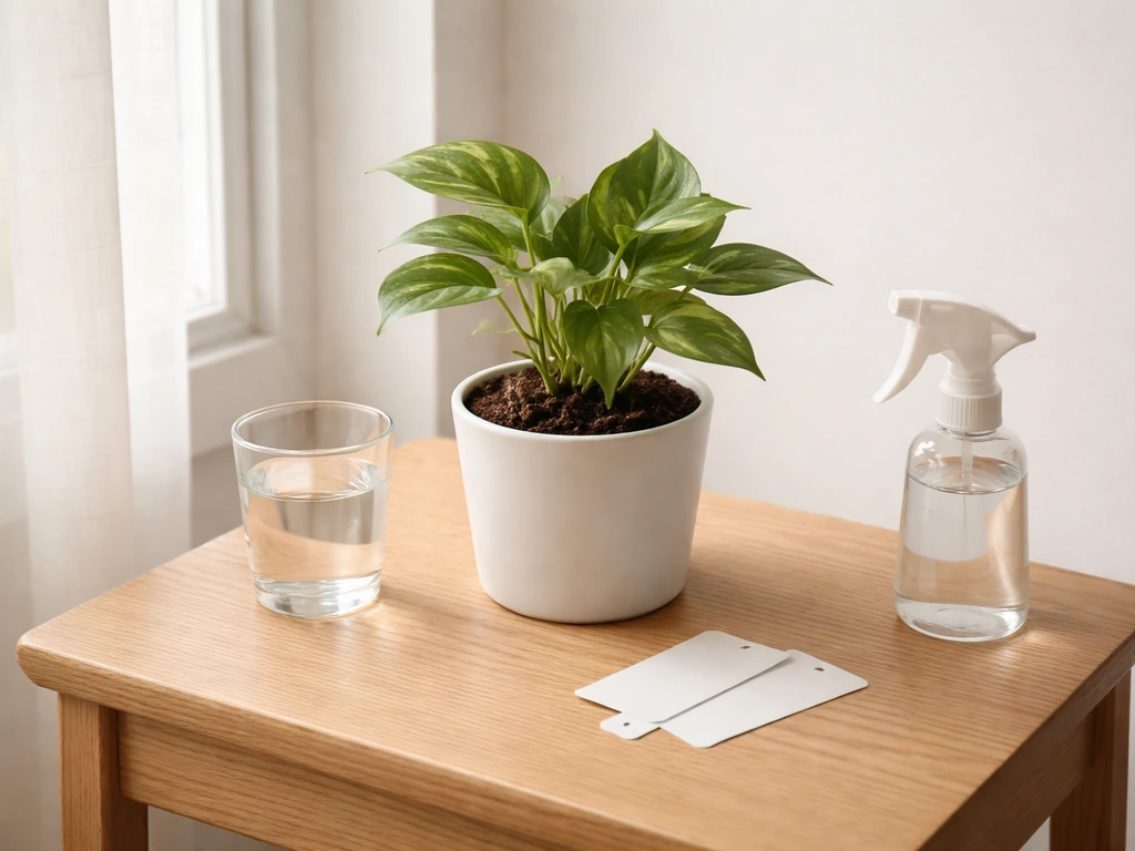 New potted plant isolated on a table by a window with simple blank care tags nearby.