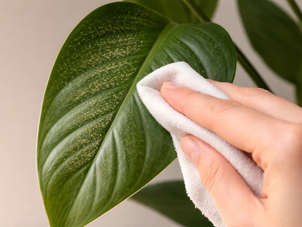 Close-up of a plant leaf with pale stippling as a hand wipes it with a damp cloth.