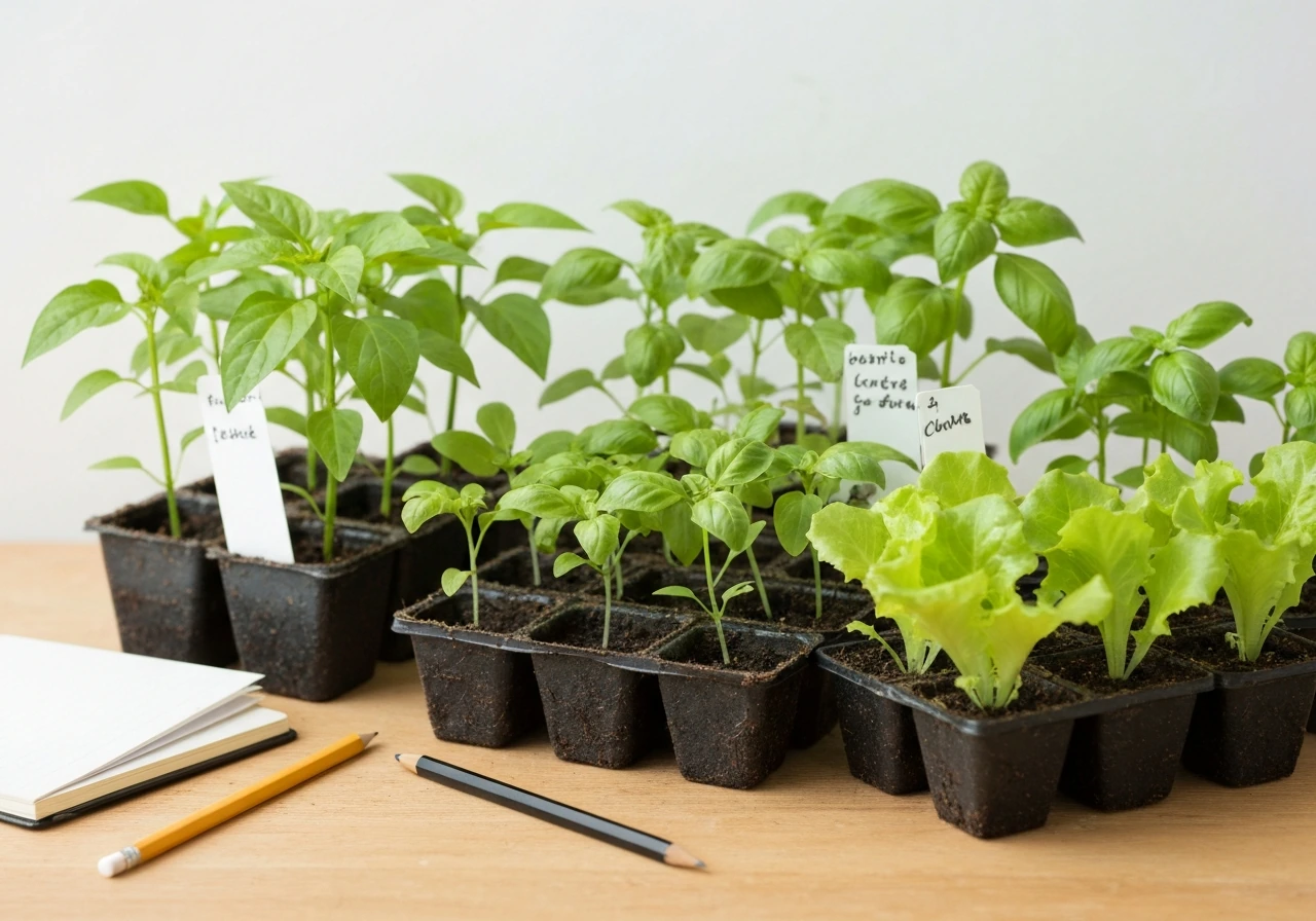 Assorted seedlings and labeled tags for matching plant needs to conditions