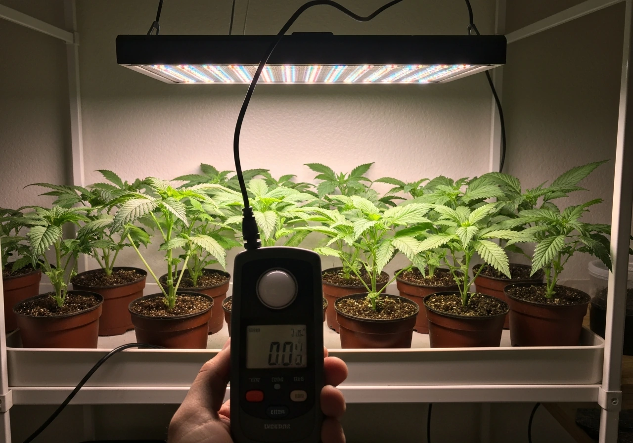 Grow light fixture over potted plants with a light meter reading at plant height