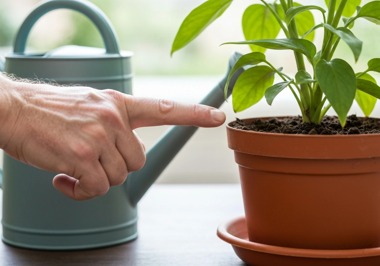 Finger test checking soil moisture in a pot before watering