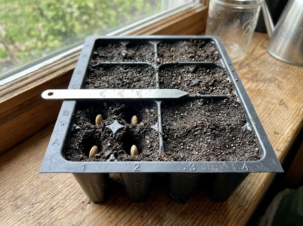 Seed tray showing different seed depths (tiny vs larger seeds) in separate labeled compartments