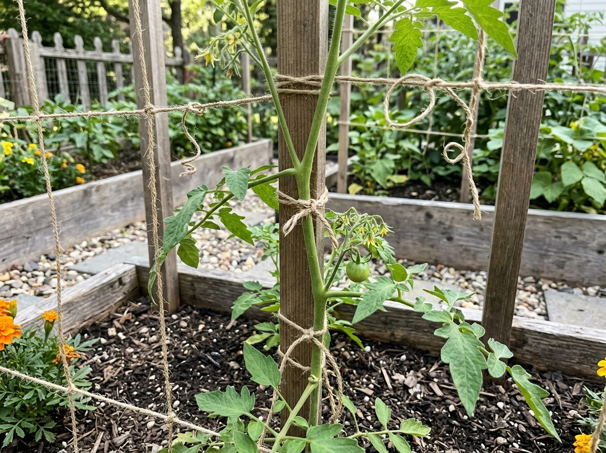 Trellised tomato or cucumber plants supported by stakes and netting