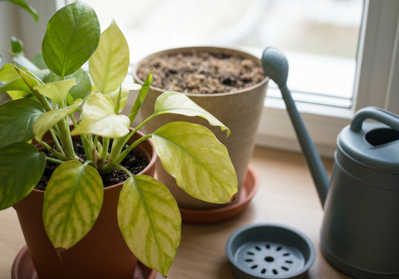 Yellowing leaves on an indoor plant next to a watering can and drainage tray
