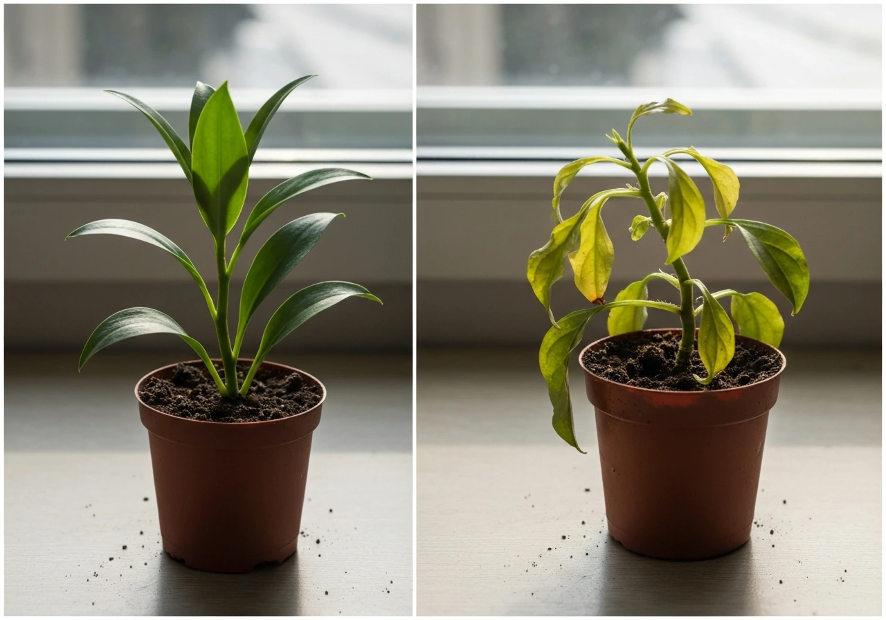 Side-by-side potted plants: healthy upright green leaves vs stressed yellow, drooping leaves.