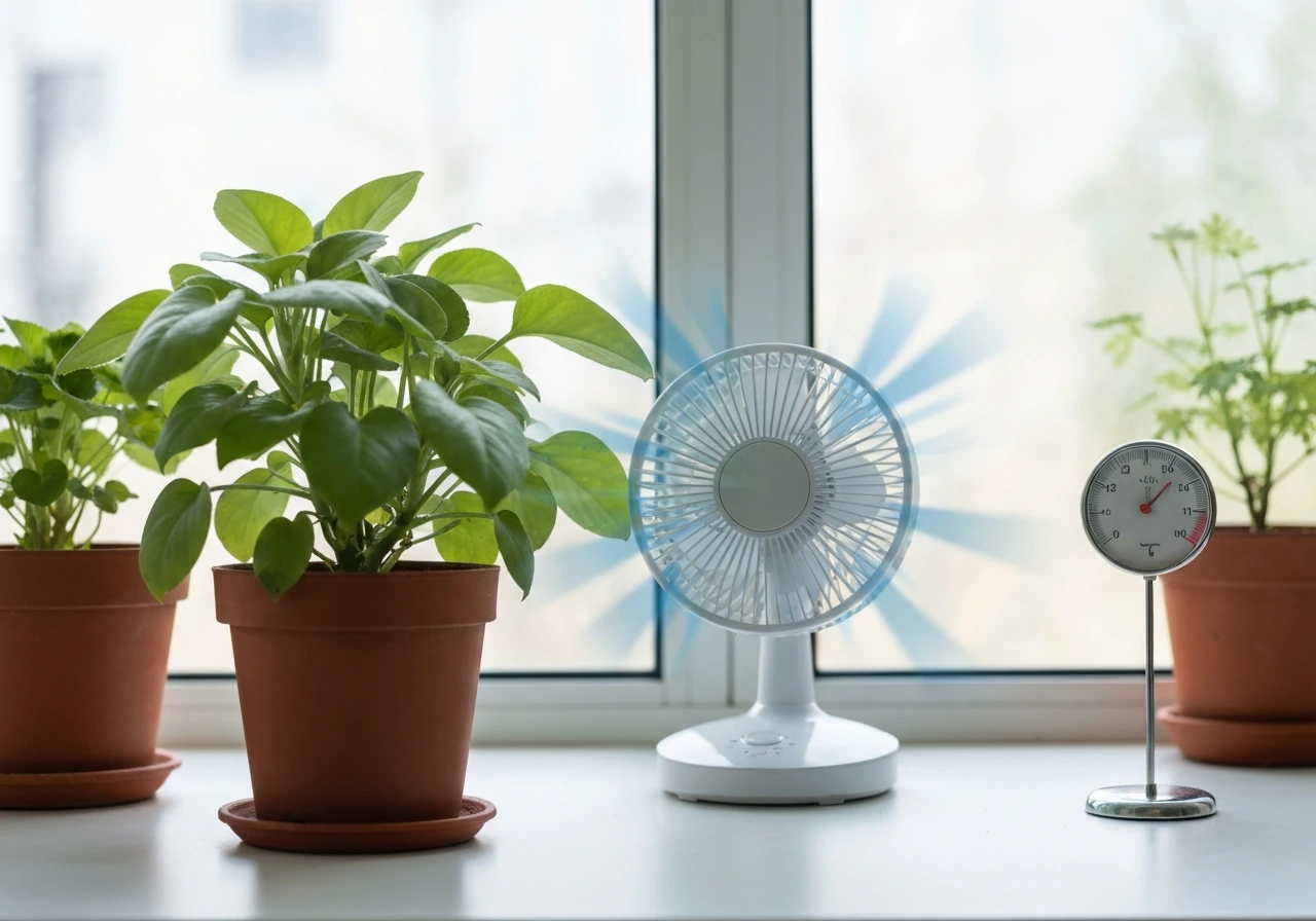 Close-up of potted plants with a small oscillating fan showing gentle airflow and stable conditions.