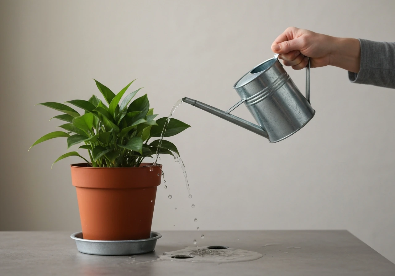 Hand watering a potted plant with a metal can until water drains from the pot bottom.
